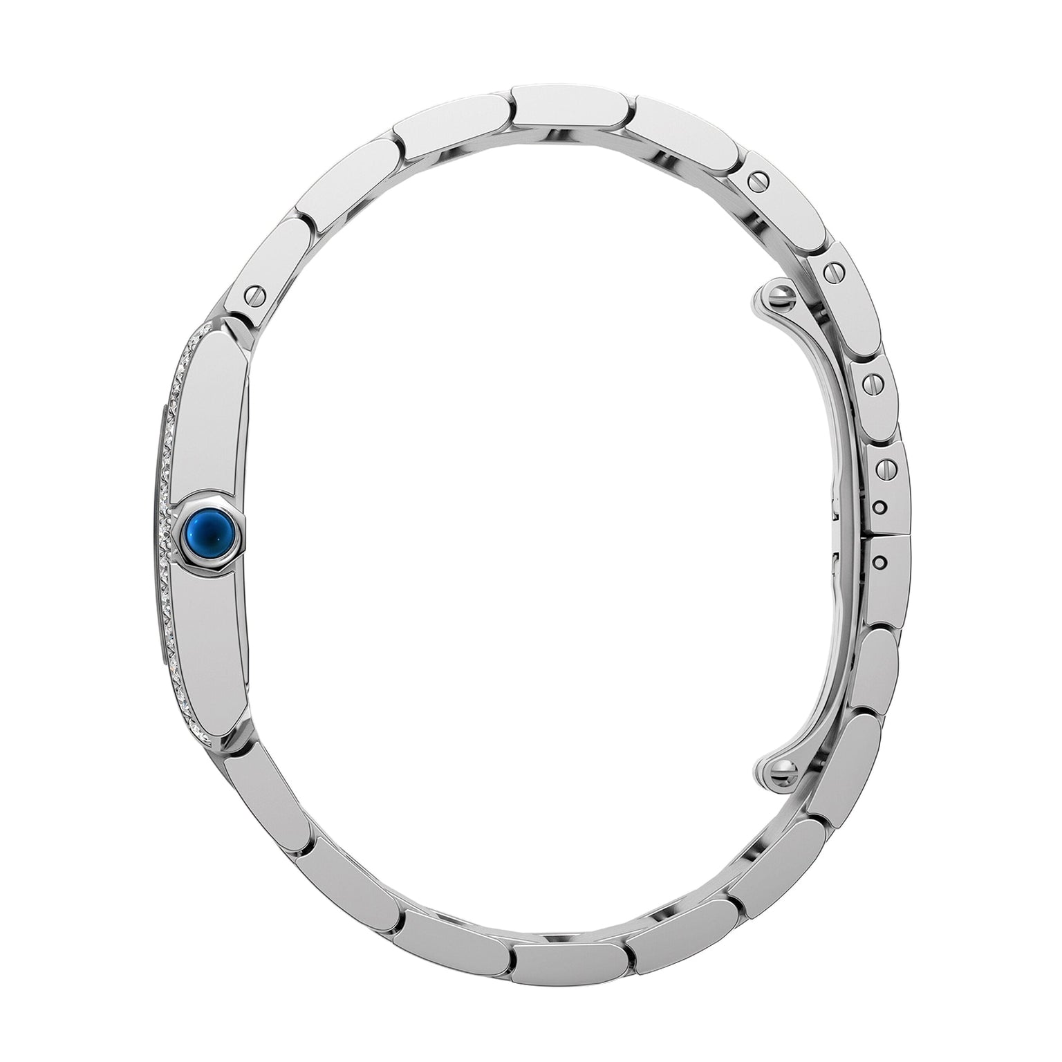 The Cartier Tank Française is a thin silver oval bracelet featuring a single blue gemstone on one side.