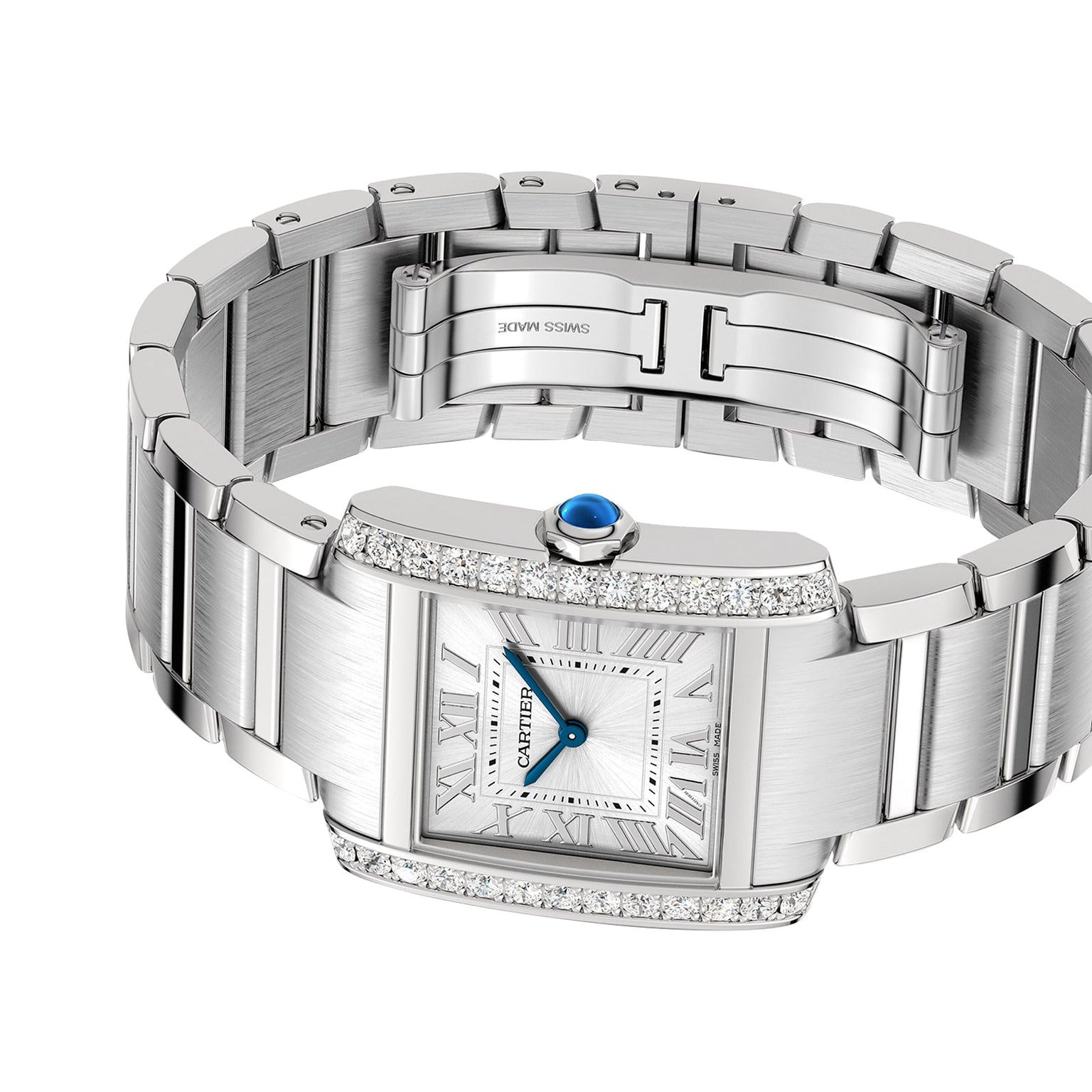 The Cartier Tank Française features a rectangular face with Roman numerals, a diamond-encrusted bezel, blue cabochon crown, and stainless steel bracelet—a silver wristwatch thats truly iconic.