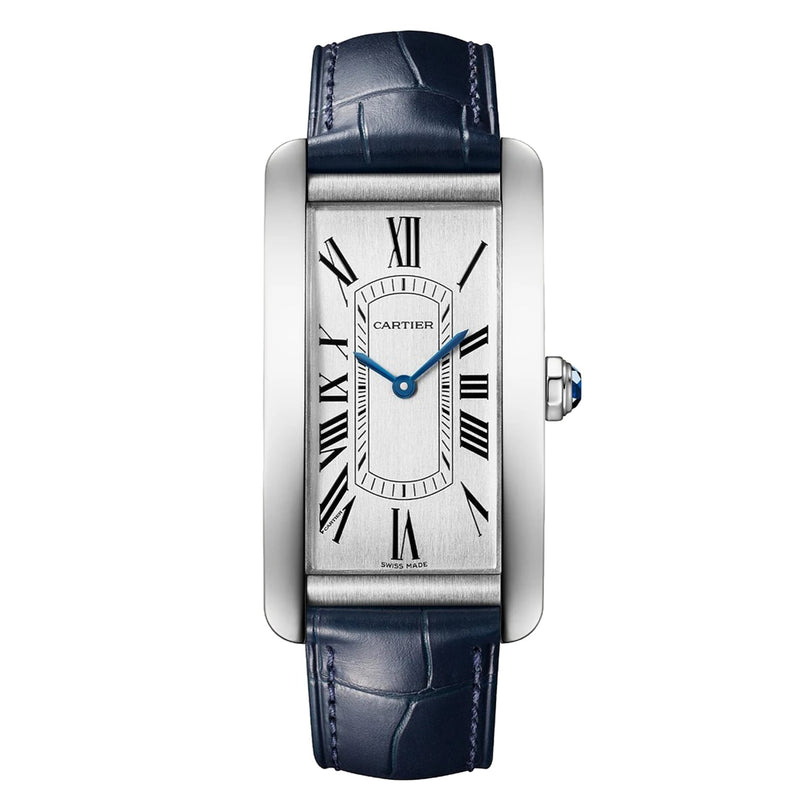 The Cartier Tank Américaine wristwatch showcases a silver face, Roman numeral hour markers, blue hands, and a dark blue leather strap—a true symbol of timeless elegance.
