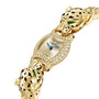 The La Panthère de Cartier wristwatch by Cartier showcases a yellow gold case, brilliant-cut diamonds on the bezel, and two panther heads with green stone eyes and black spots embellishing the bracelet.
