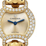Close-up of a yellow gold La Panthère de Cartier wristwatch by Cartier, featuring a diamond-encrusted bezel with brilliant-cut diamonds, gold face, blue hands, and the Cartier brand name at the center.
