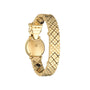 La Panthère de Cartier by Cartier is a gold luxury watch featuring a quilted-pattern bracelet and round case, shown from the back to highlight the engraved details on its case back.