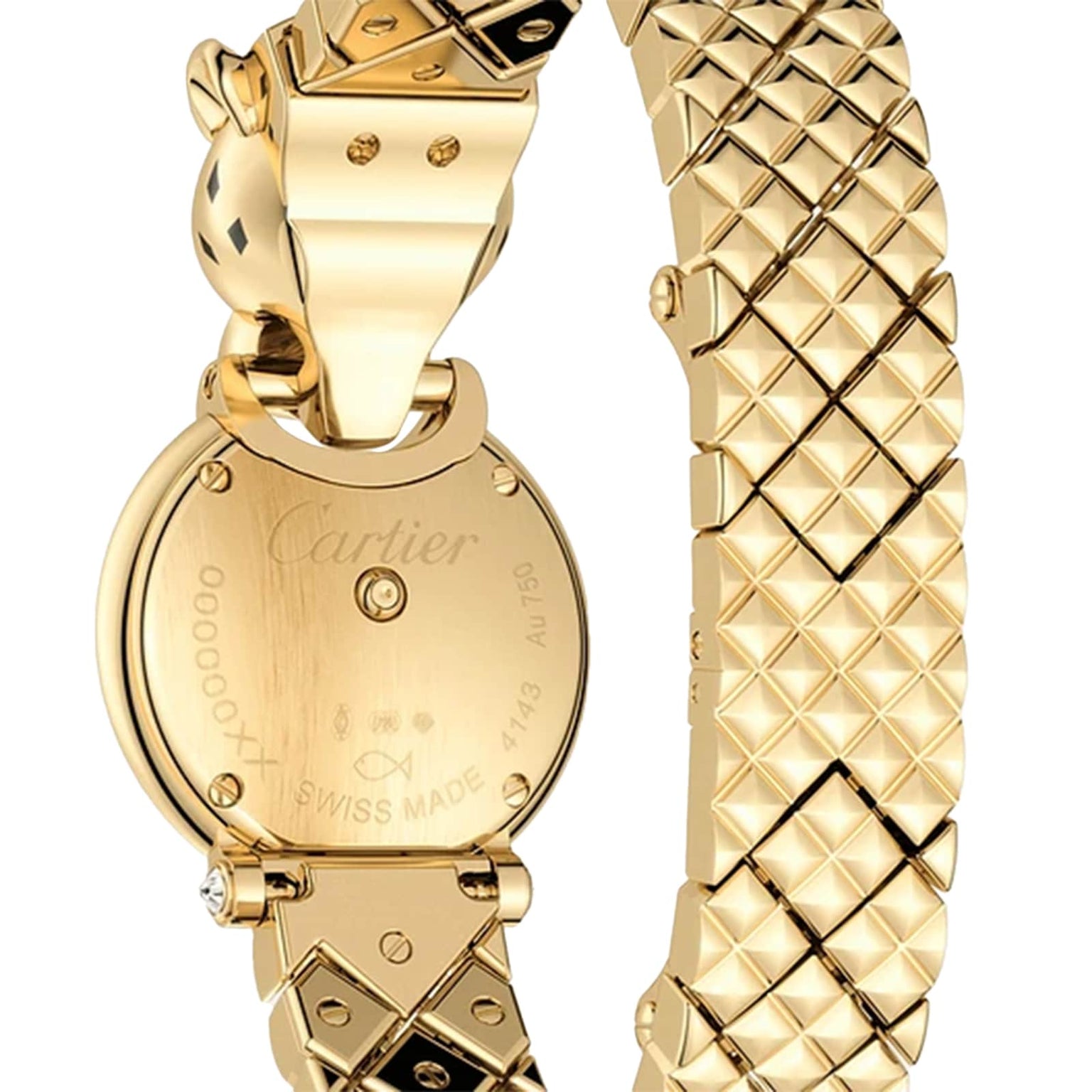 Close-up of the back of a luxury Cartier La Panthère de Cartier watch, showing engraved details, serial number, and its patterned gold bracelet.