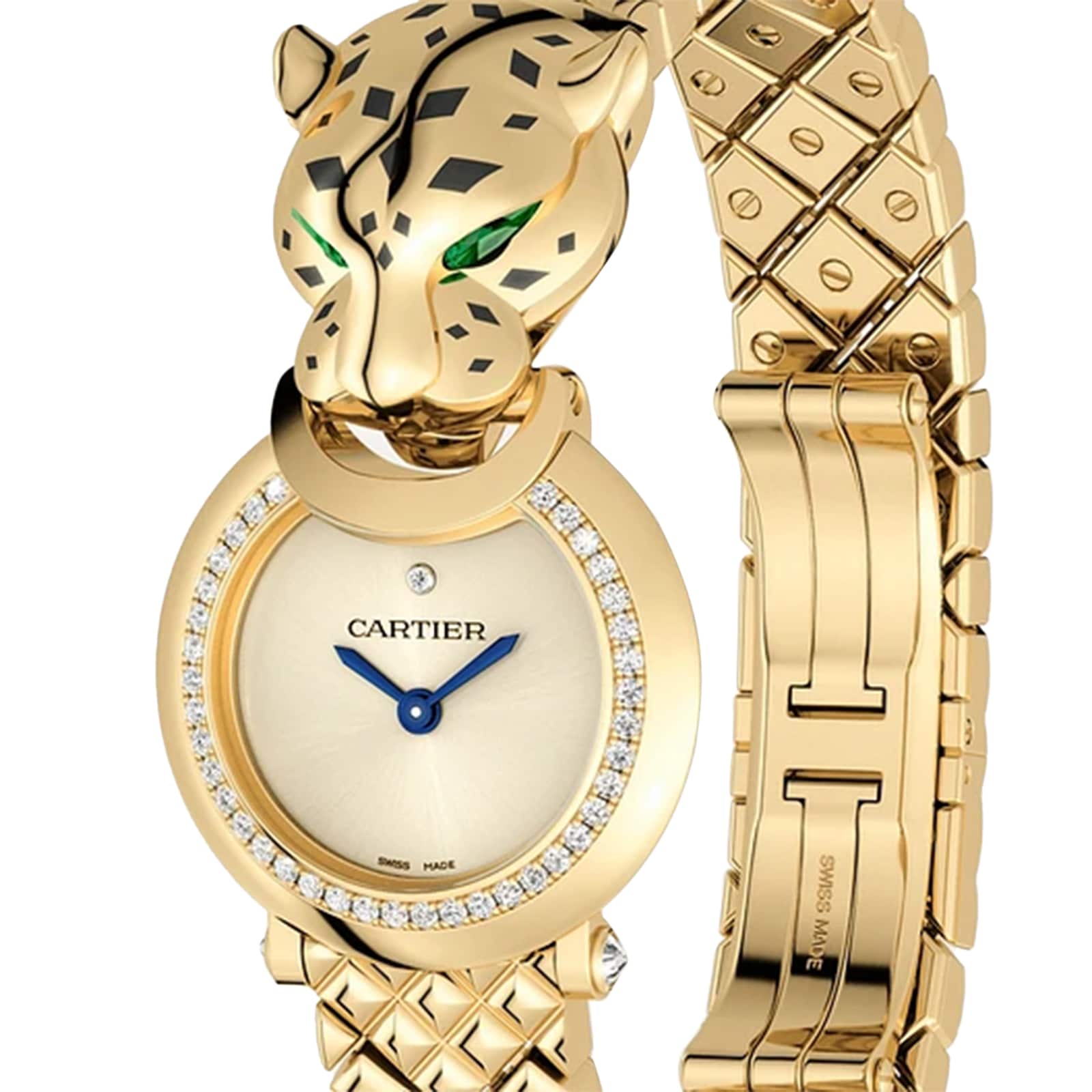 The La Panthère de Cartier by Cartier is a luxurious gold watch with a diamond-studded bezel and bracelet, featuring a sculpted panther head design with striking green eyes—an exquisite choice for true sophistication.