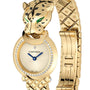 The La Panthère de Cartier by Cartier is a luxurious gold watch with a diamond-studded bezel and bracelet, featuring a sculpted panther head design with striking green eyes—an exquisite choice for true sophistication.