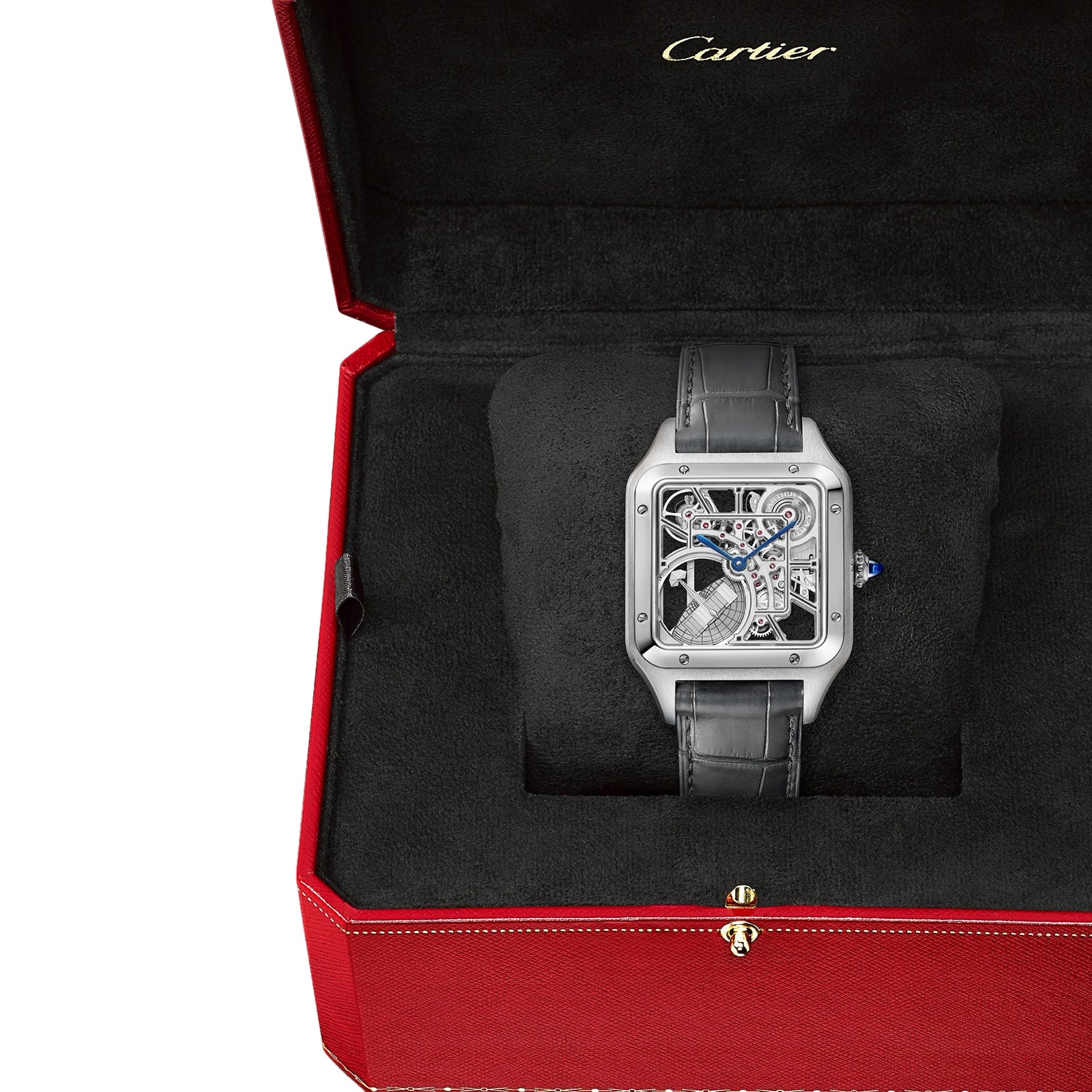 The Cartier Santos-Dumont Skeleton with Micro-Rotor features a black leather strap, radiating elegance in its signature red Cartier box lined with black fabric.