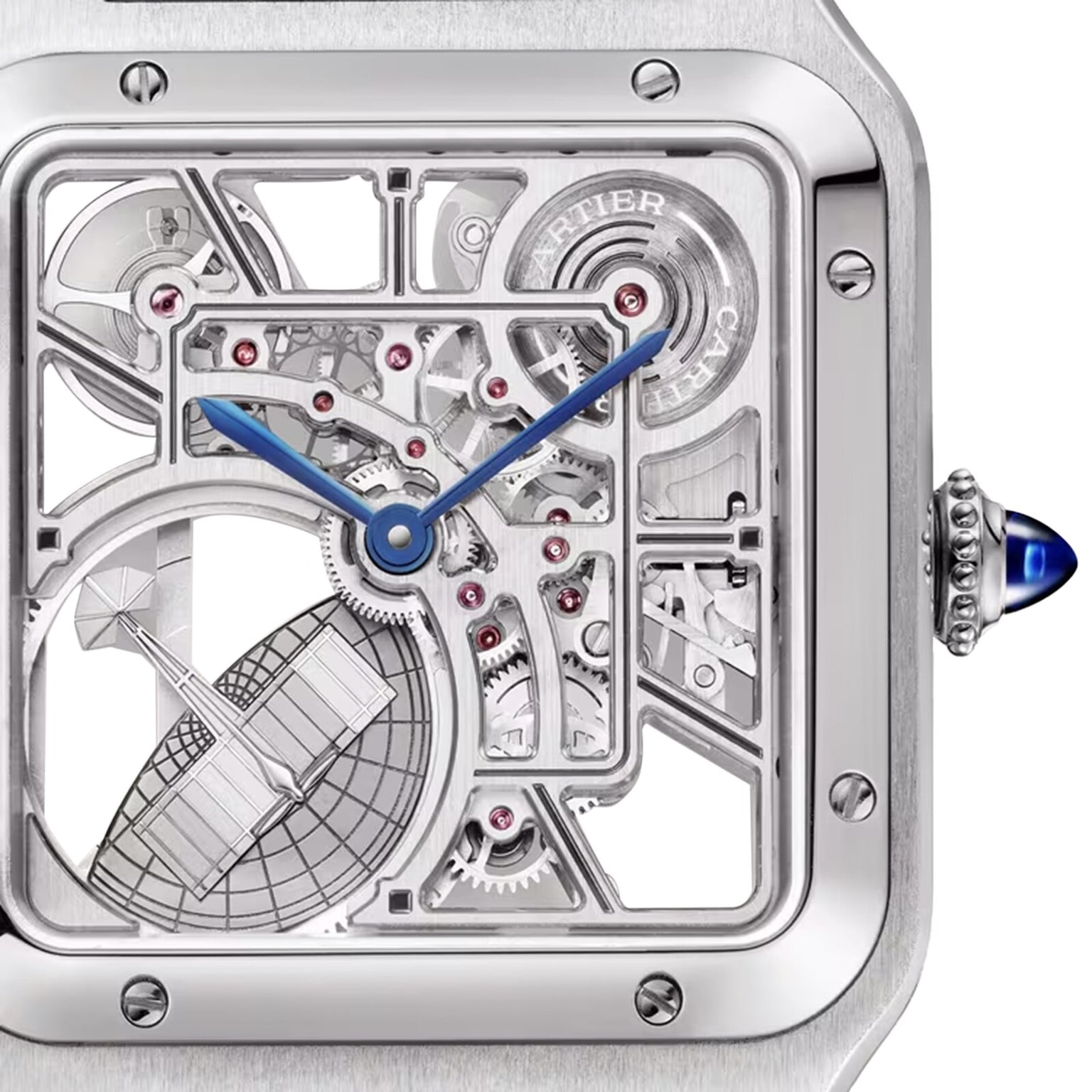 Close-up of the Cartier Santos-Dumont Skeleton with Micro-Rotor, showcasing its intricate gears, blue hands, square silver case, and blue gemstone crown—a display of elegance and craftsmanship.
