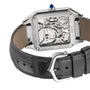 Back view of the Cartier Santos-Dumont Skeleton with Micro-Rotor, featuring an exposed mechanical movement, stainless steel case, black leather strap, and water resistance markings.