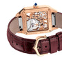 Back view of the Cartier Santos-Dumont Skeleton with Micro-Rotor, featuring visible gears, a rose gold case, and a brown leather strap.