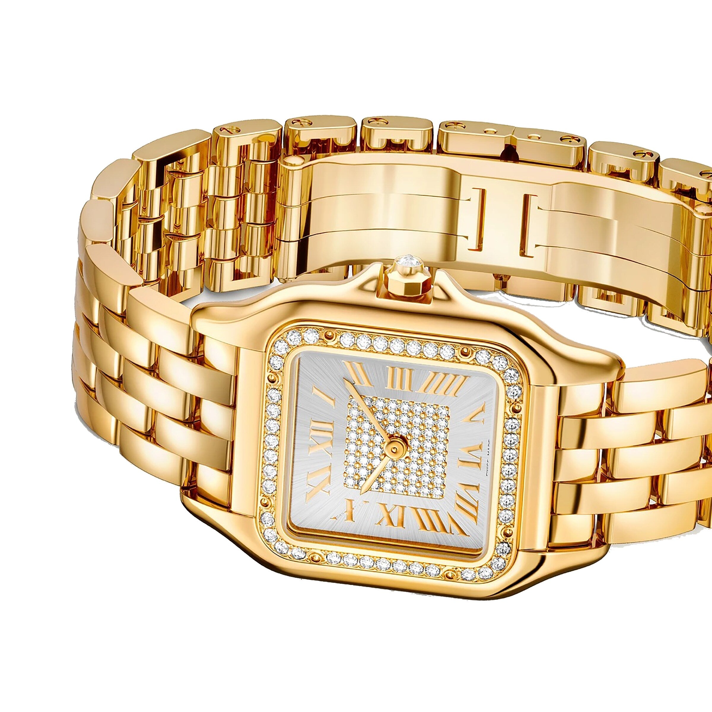 The Panthère de Cartier by Cartier is a gold wristwatch with a square face, Roman numerals, and a bezel adorned with clear stones, set on a yellow gold metal band featuring luxury details.