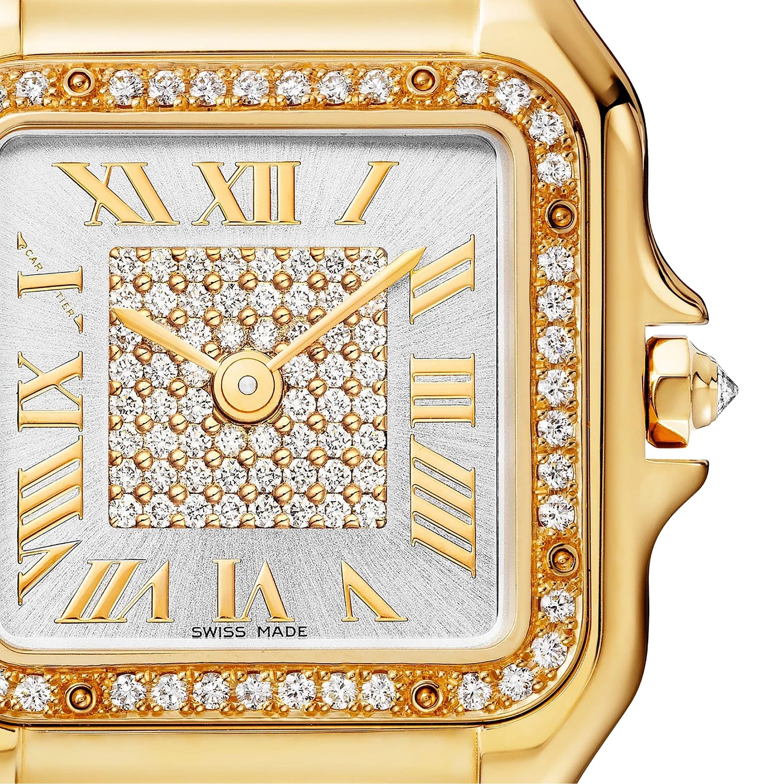 Close-up of the Cartier Panthère de Cartier wristwatch in yellow gold, showcasing a diamond-studded face, Roman numerals, and a diamond-accented bezel. Luxurious details are emphasized as the time shows approximately 10:08.