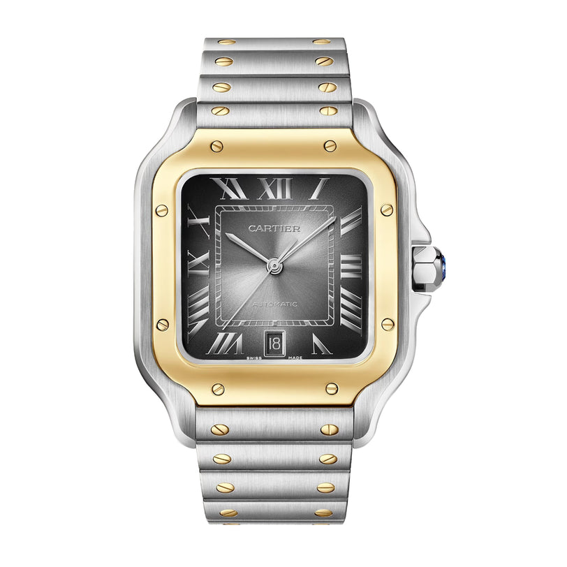 The Santos de Cartier by Cartier features a square silver dial, gold bezel, Roman numeral hour markers, and a two-tone bracelet with gold screws—an elegant example of timeless minimalism.