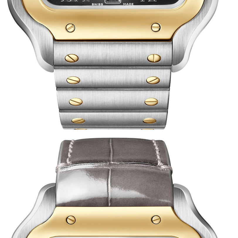 Close-up of two Santos de Cartier watch straps by Cartier: a metal bracelet with gold screws above and a grey leather strap with white stitching below, both highlighting the collection’s elegant design.