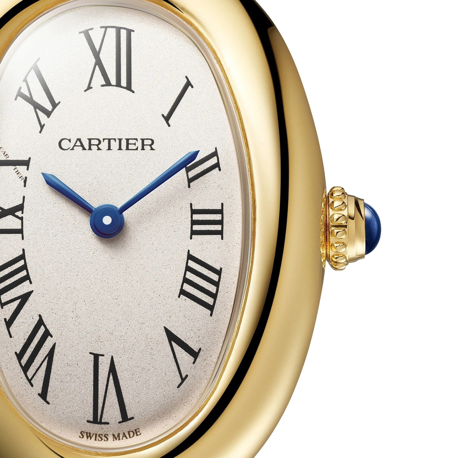 Close-up of a Cartier Baignoire gold watch with blue hands, Roman numerals, and a sapphire crown.