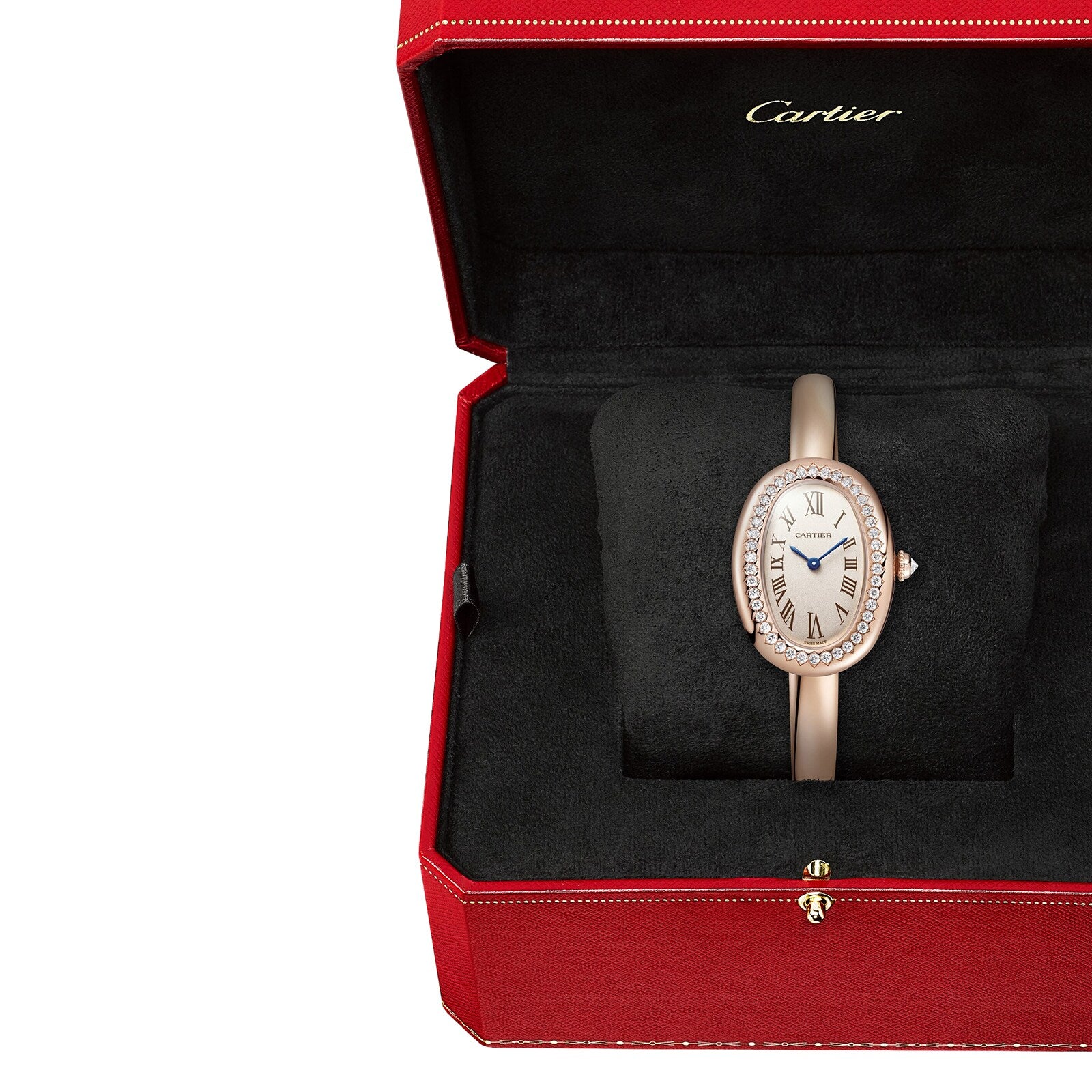 A Cartier Baignoire gold watch with a diamond bezel, presented in a red Cartier box lined with black velvet.