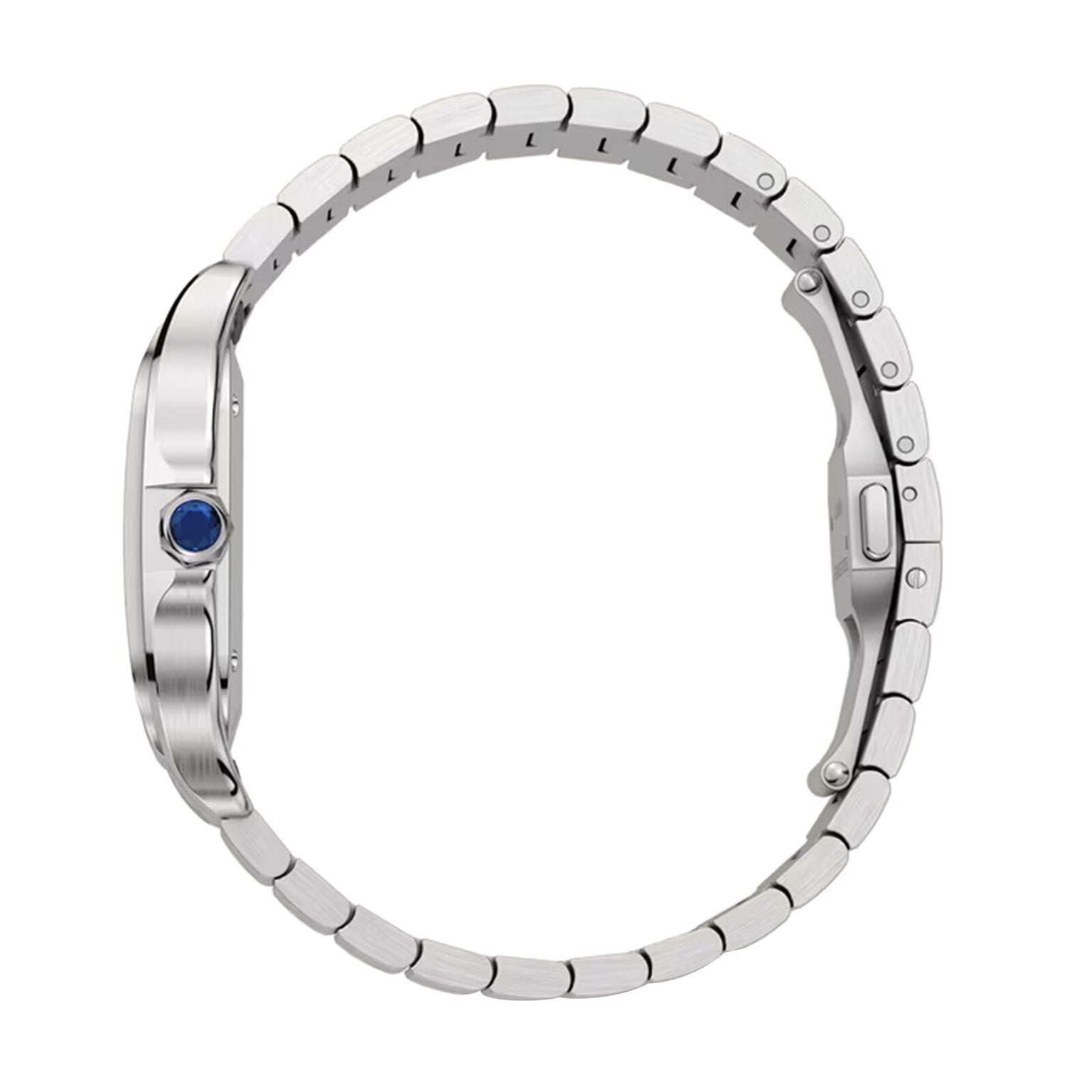 Side view of a Cartier Santos de Cartier silver metal wristwatch featuring a linked bracelet, automatic movement, and a blue gemstone set in the crown.