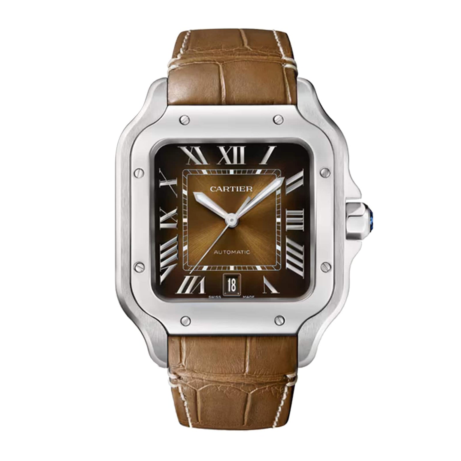 The Santos de Cartier by Cartier features a brown leather strap, rectangular stainless steel case, brown dial with Roman numerals, date display at 6 o’clock, and automatic winding for timeless elegance.