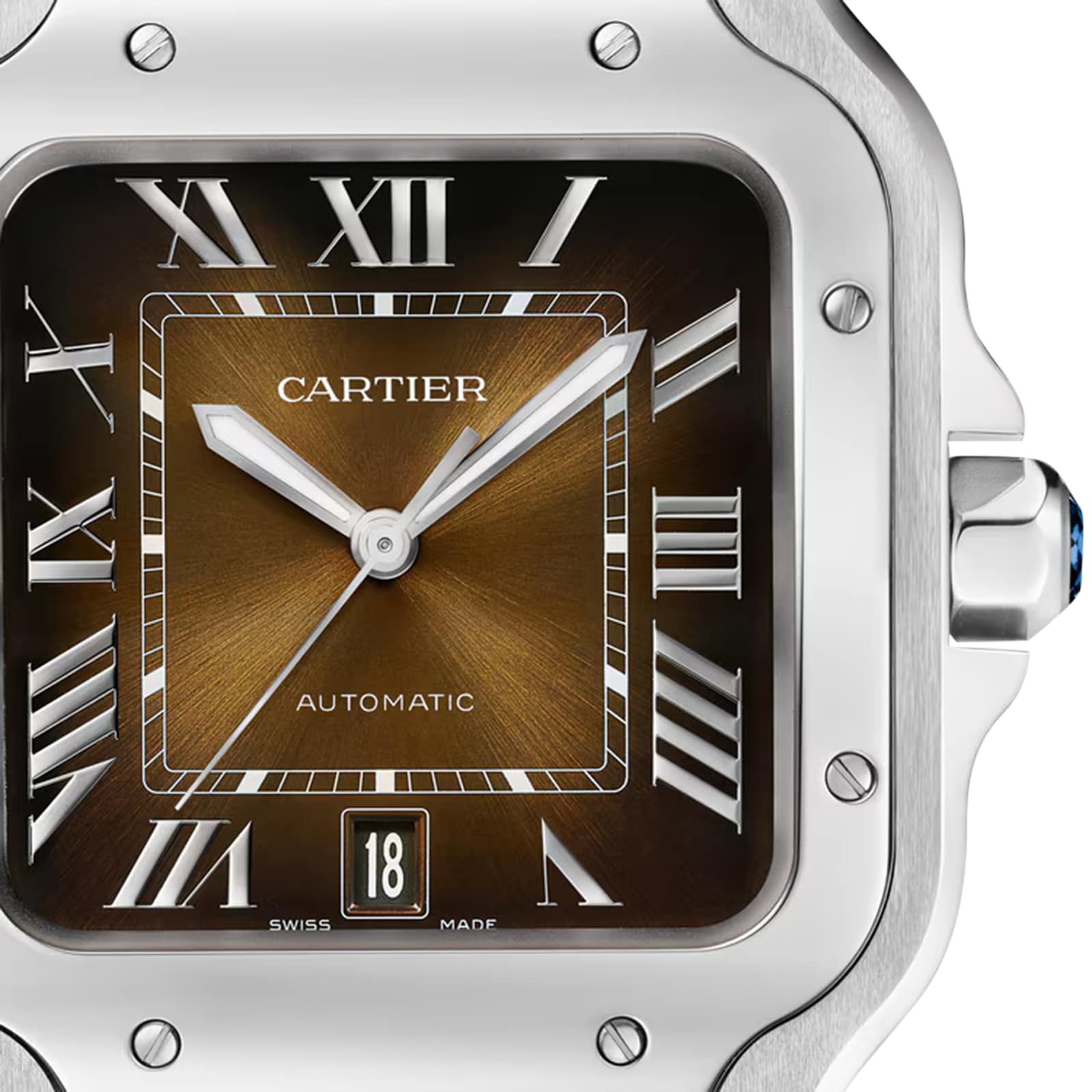 Close-up of the Cartier Santos de Cartier watch featuring a brown sunburst dial, Roman numerals, silver hands, date window at 6 o’clock, and a stainless steel case—exuding refined minimalism with automatic movement.