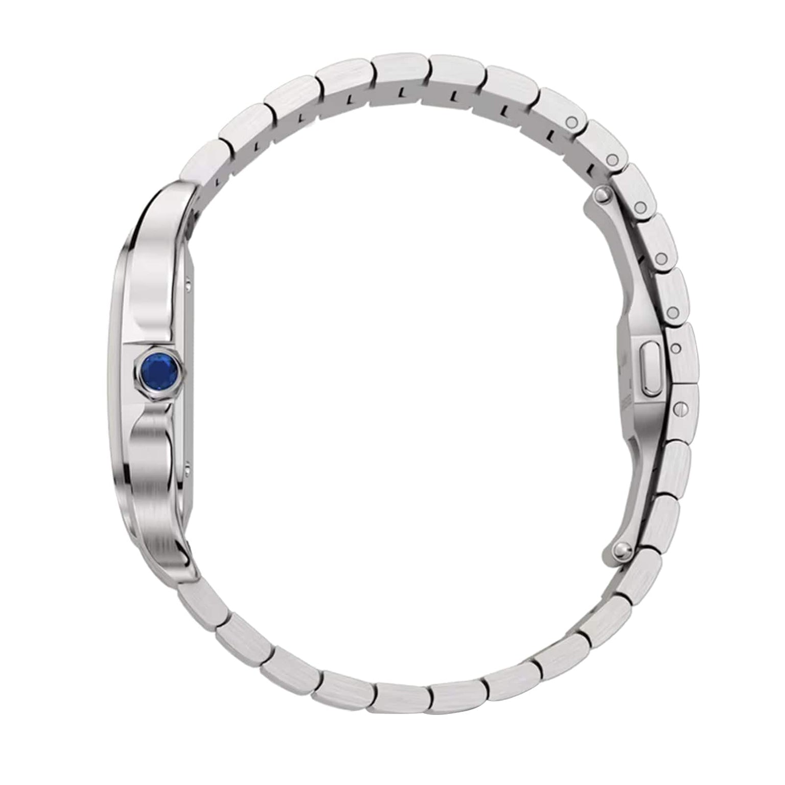 Side view of the Santos de Cartier wristwatch by Cartier, featuring a silver metal case, automatic winding, blue gemstone crown, and a minimalist link bracelet.