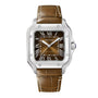 The Cartier Santos de Cartier wristwatch features a brown leather strap, rectangular silver case, brown dial, and Roman numeral markers—an embodiment of timeless minimalism.