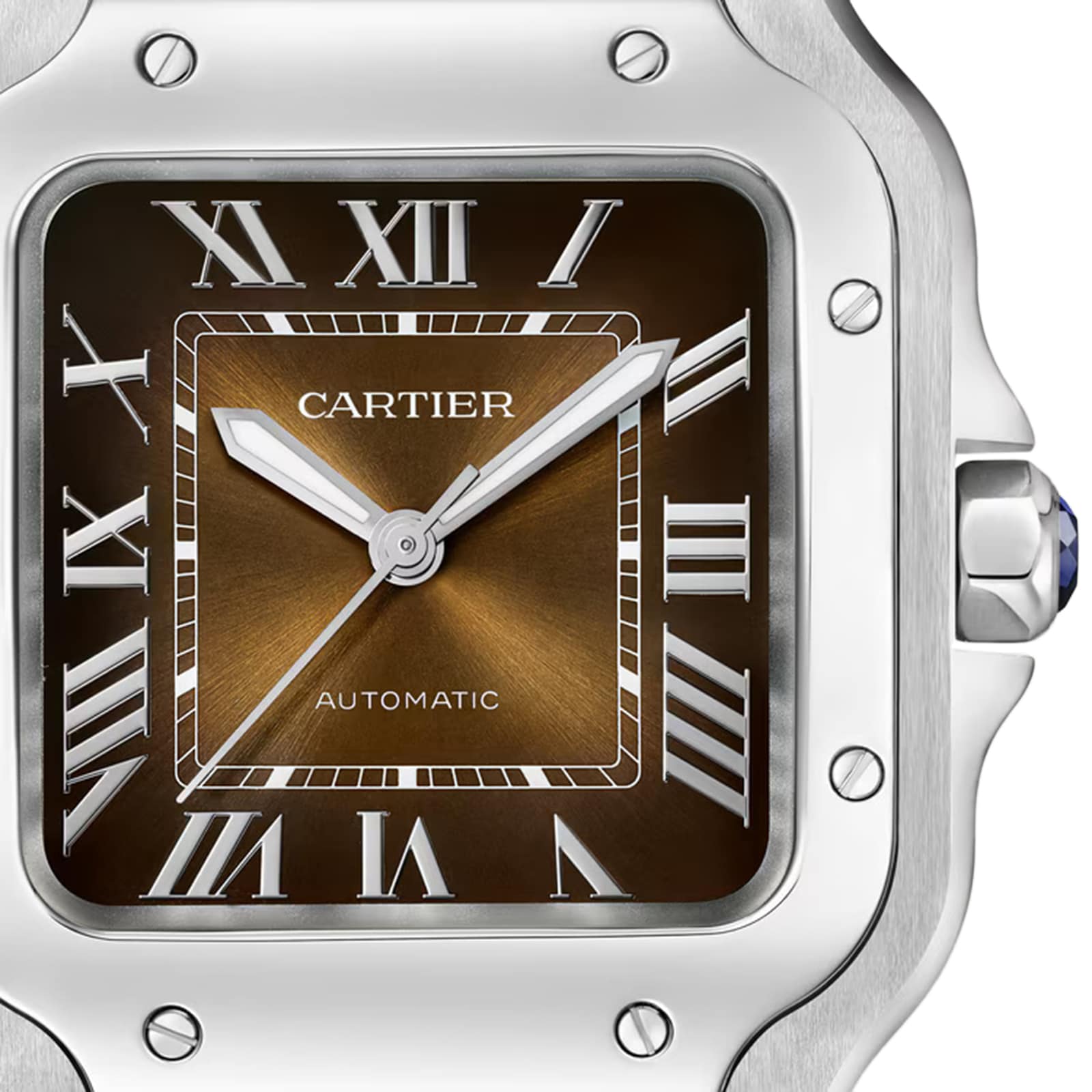 Close-up of the Santos de Cartier by Cartier featuring a square brown dial, Roman numerals, silver hands, and a stainless steel case—an elegant display of timeless minimalism.