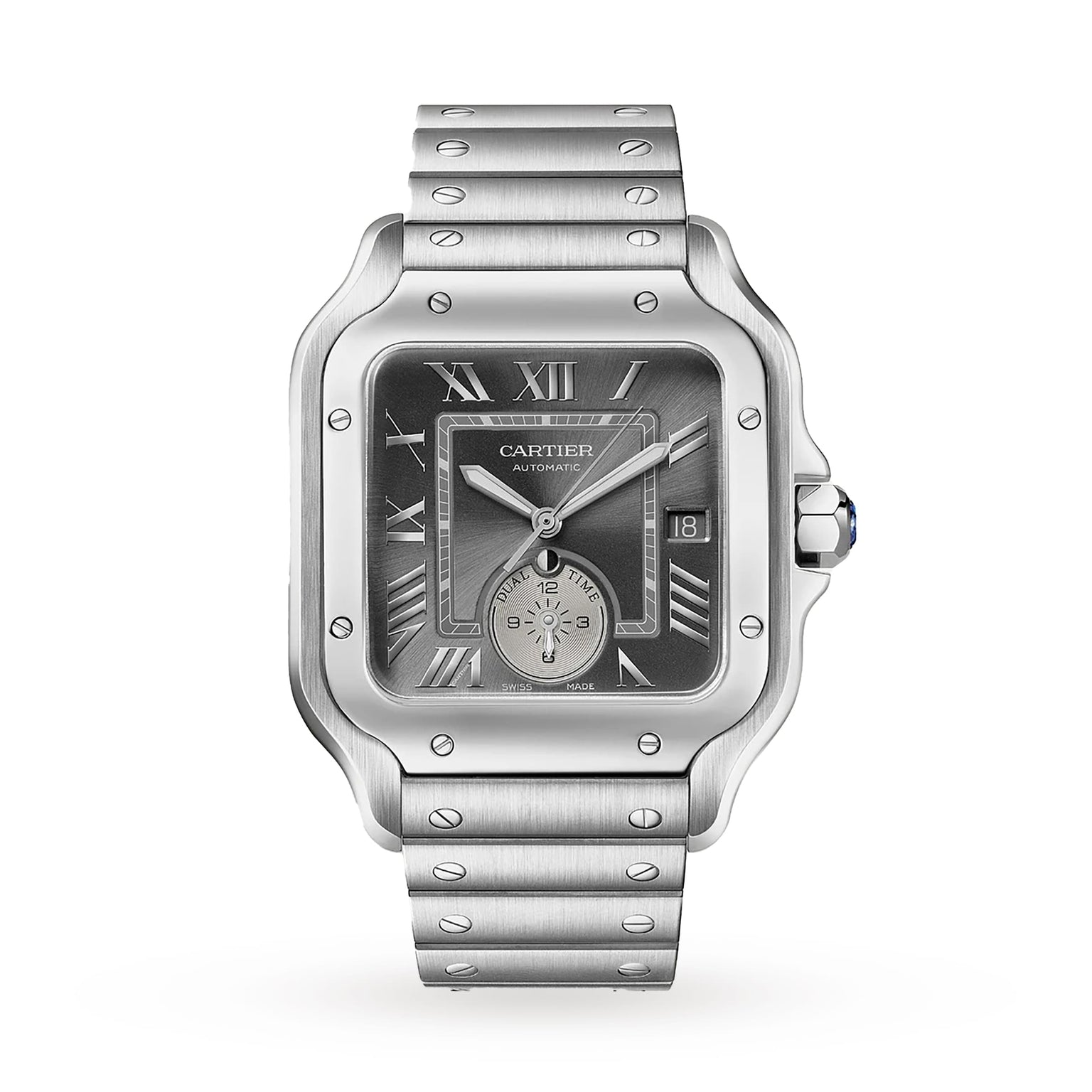 The Santos de Cartier by Cartier features a stainless steel case, square black dial with Roman numerals, date display, and metal link bracelet—an elegant timepiece that exemplifies the brand’s timeless style.