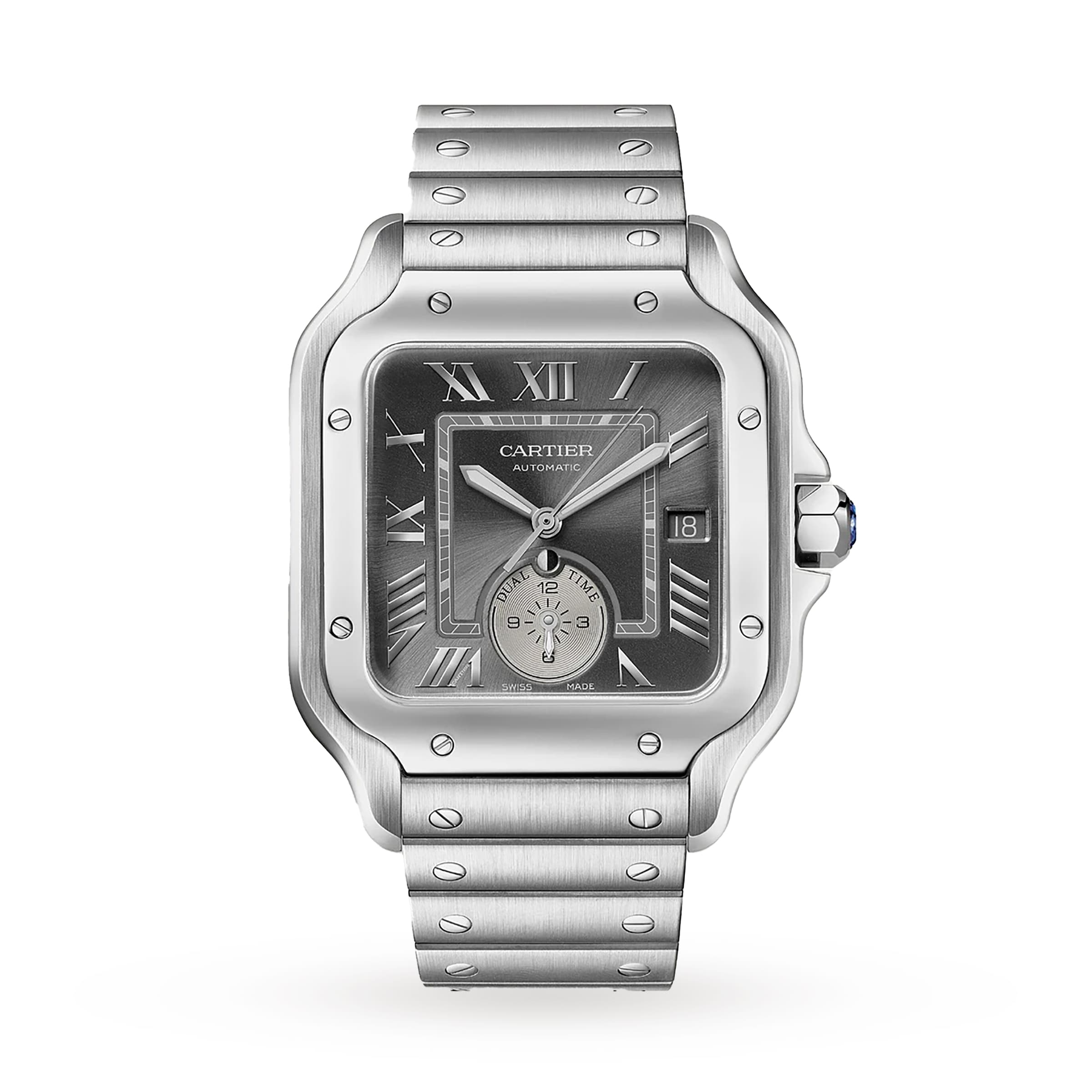 The Santos de Cartier by Cartier features a stainless steel case, square black dial with Roman numerals, date display, and metal link bracelet—an elegant timepiece that exemplifies the brand’s timeless style.