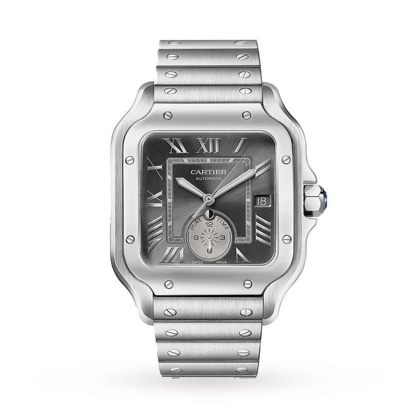 The Santos de Cartier by Cartier features a stainless steel case, square black dial with Roman numerals, date display, and metal link bracelet—an elegant timepiece that exemplifies the brand’s timeless style.
