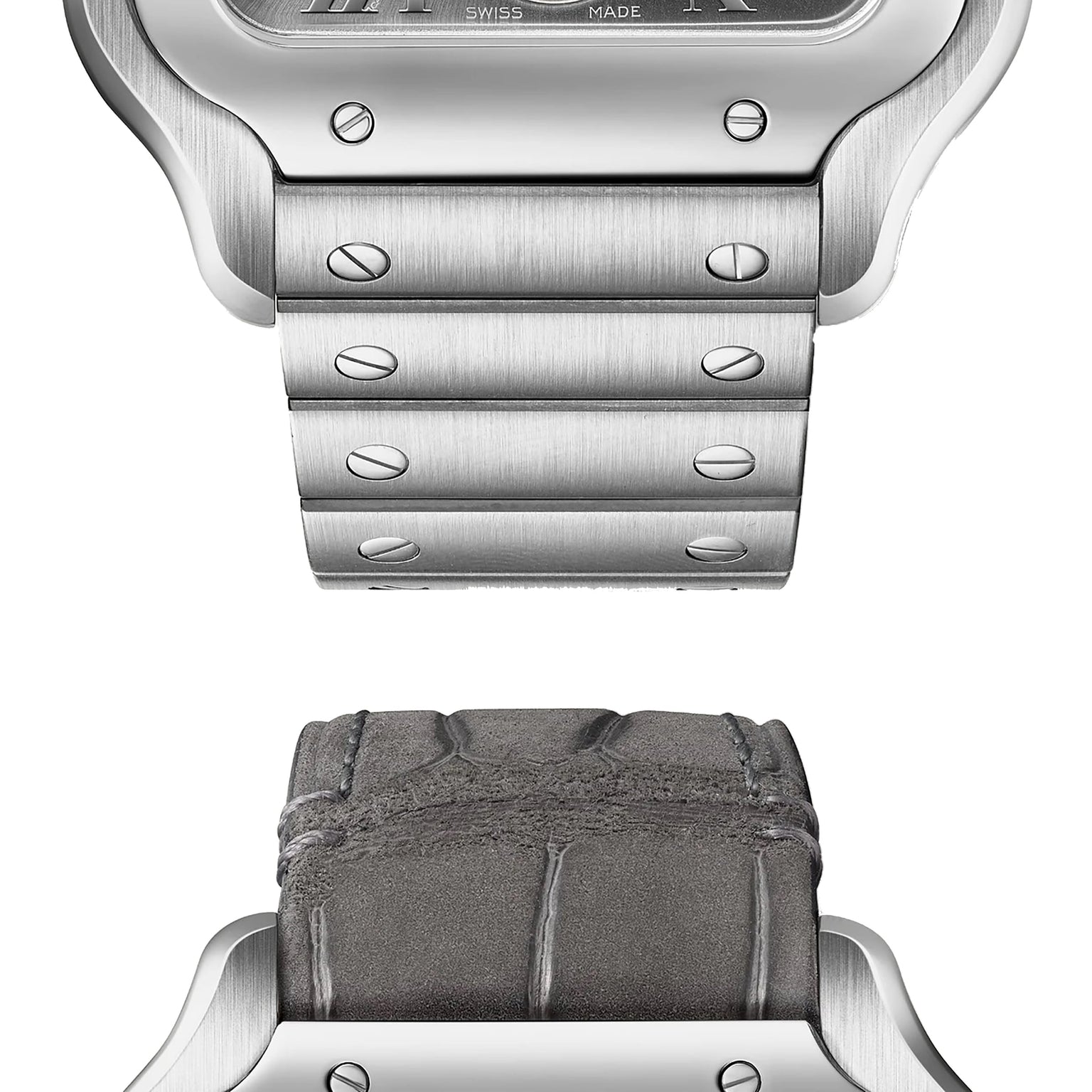 Close-up of two Santos de Cartier bands—one brushed metal with screws, the other textured leather—both paired with stainless steel cases, showcasing Cartier’s timeless elegance and craftsmanship.