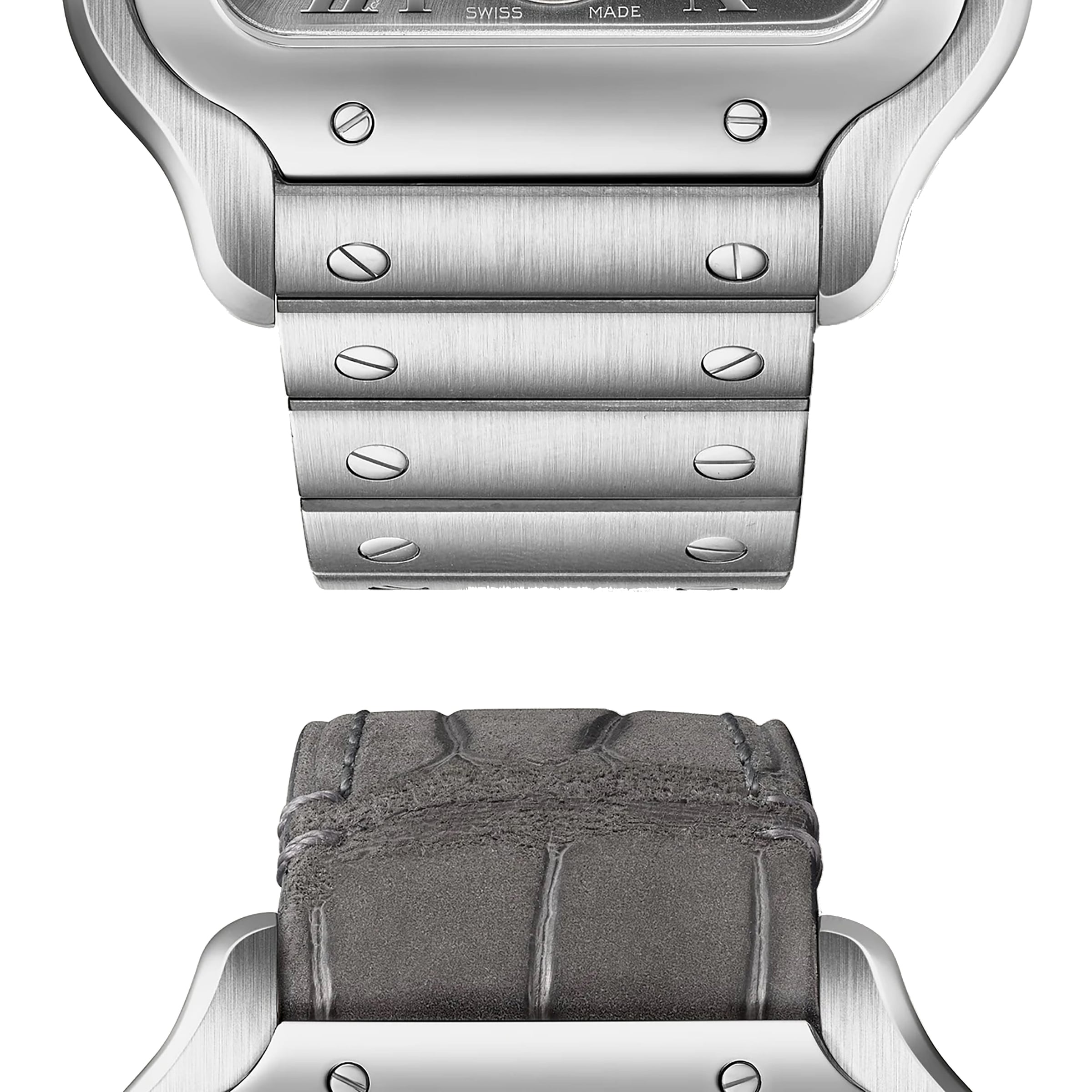 Close-up of two Santos de Cartier bands—one brushed metal with screws, the other textured leather—both paired with stainless steel cases, showcasing Cartier’s timeless elegance and craftsmanship.