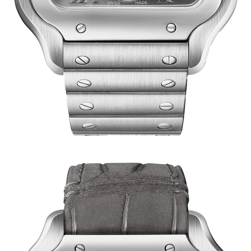 Close-up of two Santos de Cartier bands—one brushed metal with screws, the other textured leather—both paired with stainless steel cases, showcasing Cartier’s timeless elegance and craftsmanship.