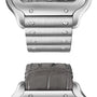 Close-up of two Santos de Cartier bands—one brushed metal with screws, the other textured leather—both paired with stainless steel cases, showcasing Cartier’s timeless elegance and craftsmanship.