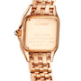 Back view of the Cartier Panthère de Cartier Small Model wristwatch featuring an 18K rose gold strap, Swiss made engraving, water resistance, and visible serial numbers.