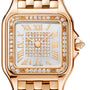 Close-up of the Panthère de Cartier Small Model by Cartier, crafted in 18K rose gold with a diamond-encrusted bezel and face, featuring Roman numeral hour markers and a Swiss-made label.