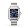 The Cartier Santos de Cartier aviation watch features a blue dial with Roman numerals, a stainless steel case, metal bracelet, and precise mechanical movement.