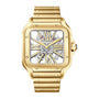 Cartier Santos de Cartier Skeleton: gold wristwatch featuring a square case, visible skeletonized inner mechanics, and a metal link bracelet.