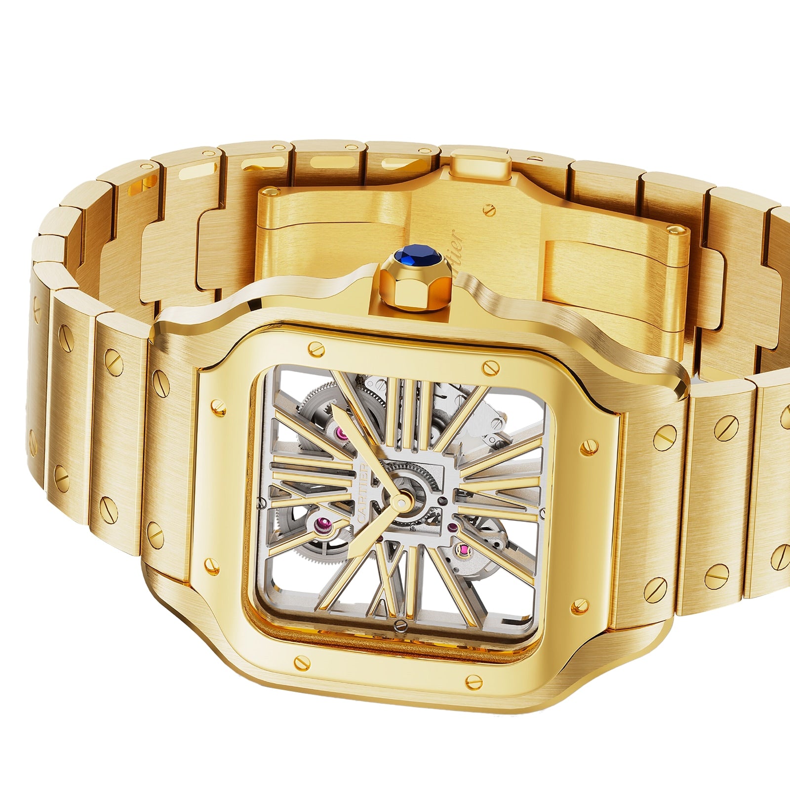 The Cartier Santos de Cartier Skeleton features a gold case, square skeleton dial with exposed mechanics, and a blue gemstone on the crown.