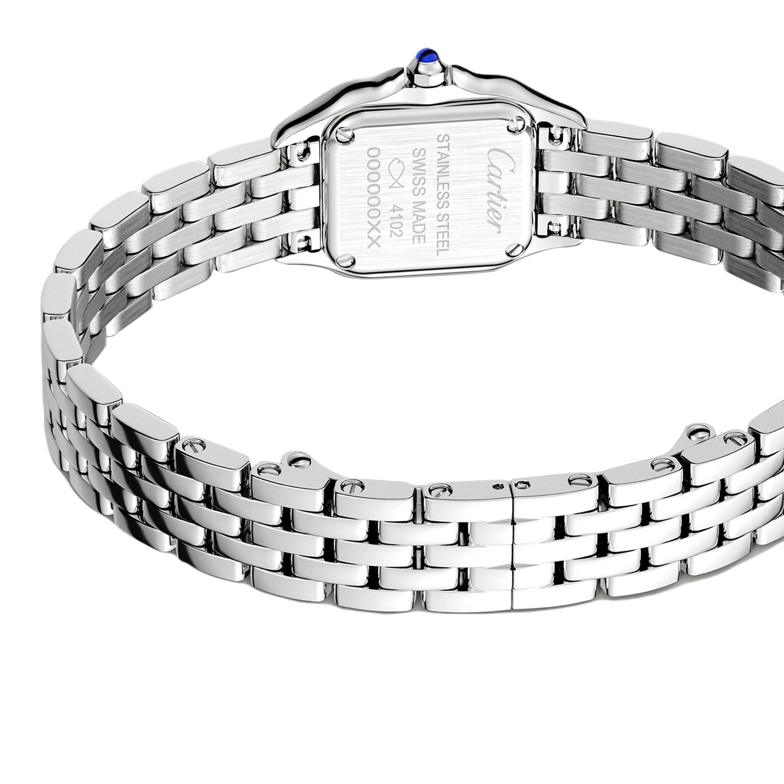 Close-up of the back of a Panthère de Cartier watch by Cartier, featuring a steel case, metal bracelet, and engraved details that highlight its refined quartz movement.