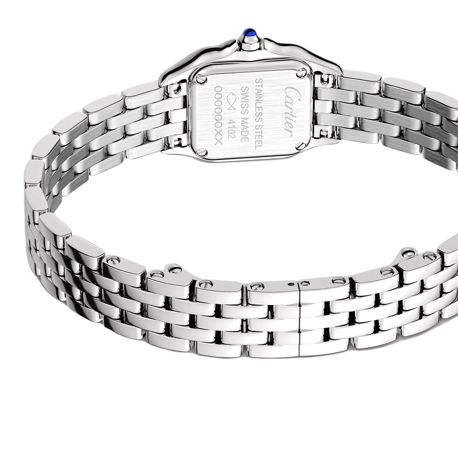 Close-up of the back of a Panthère de Cartier watch by Cartier, featuring a steel case, metal bracelet, and engraved details that highlight its refined quartz movement.