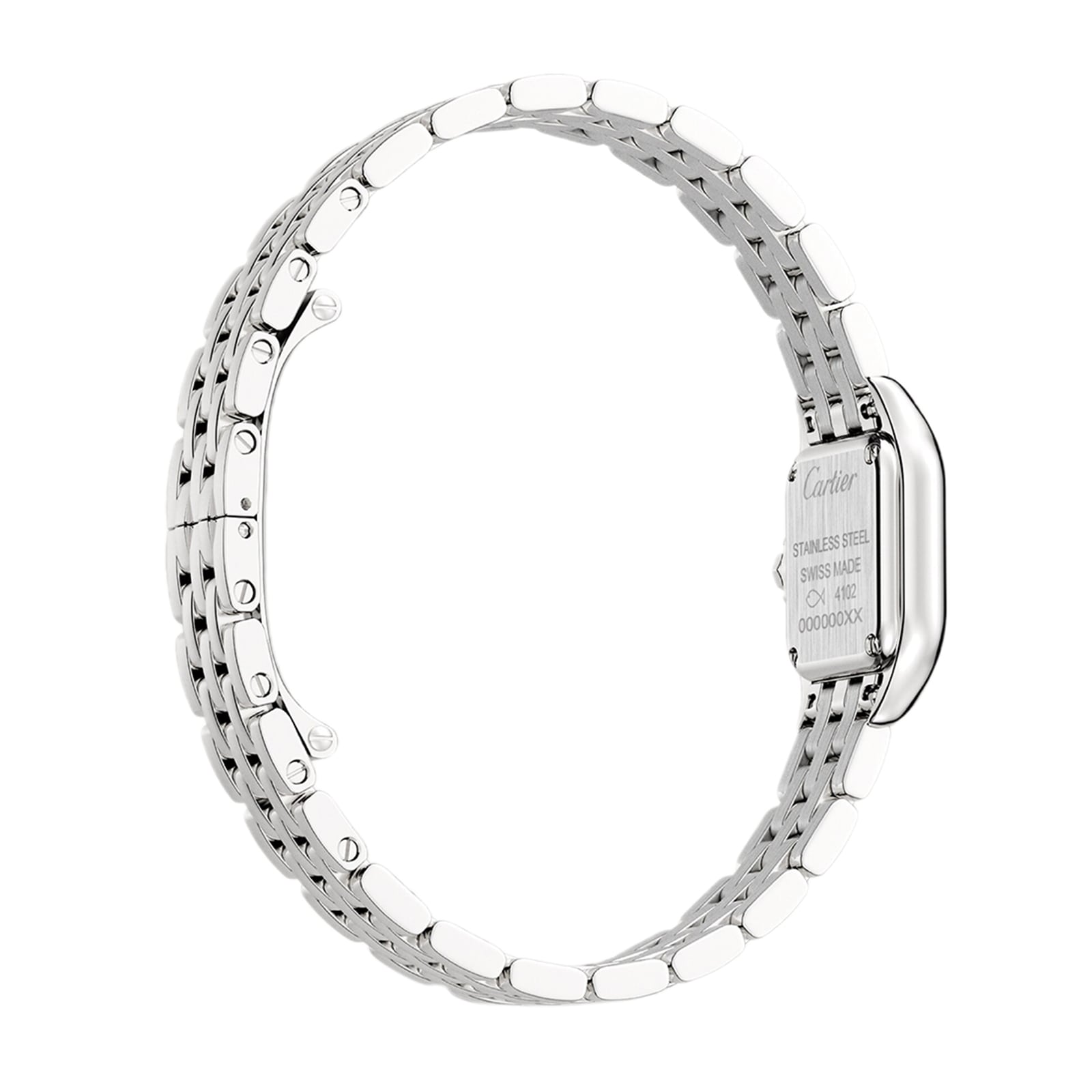 Side view of a silver Panthère de Cartier watch by Cartier, featuring a steel case, metal link bracelet, and an engraved case back.