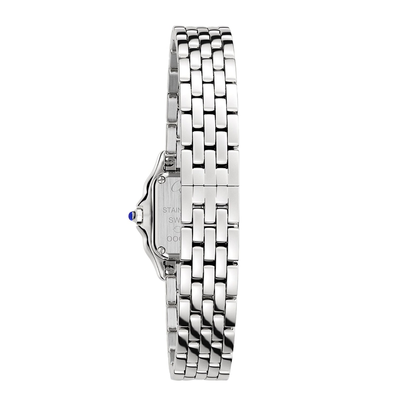 Side view of a Panthère de Cartier watch by Cartier featuring a silver stainless steel case, linked bracelet, and a small blue accent on the crown.