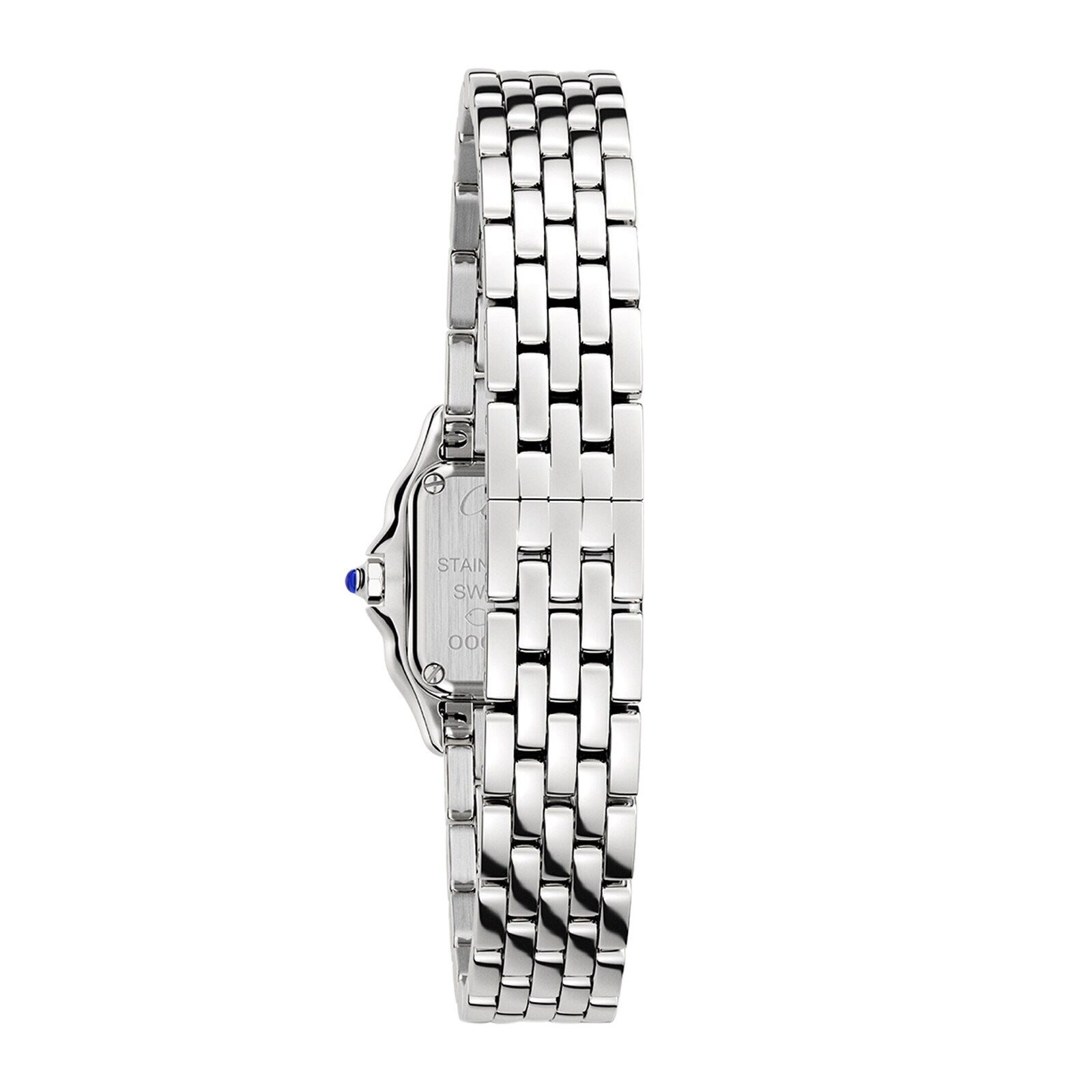 Side view of a Panthère de Cartier watch by Cartier featuring a silver stainless steel case, linked bracelet, and a small blue accent on the crown.