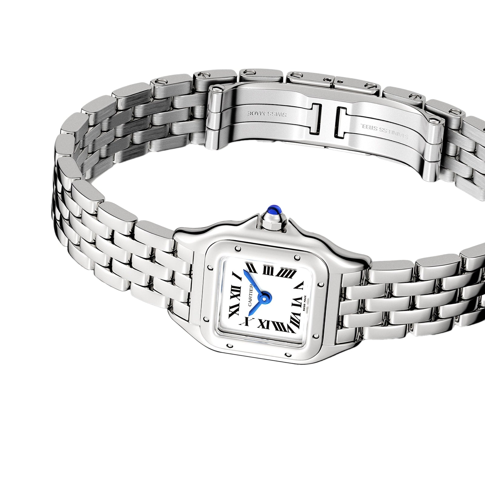 The Panthère de Cartier by Cartier features a stainless steel case, rectangular face, Roman numerals, blue hands, and a linked metal band. This stylish quartz wristwatch is displayed on a white background.