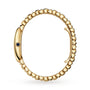 Side view of the Cartier Baignoire watch in 18K yellow gold, showcasing its rounded rectangular case, linked bracelet, blue cabochon crown, and water-resistant design on a white background.