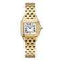 The Panthère de Cartier Small Model by Cartier features yellow gold, a square white dial with black Roman numerals, blue hands, a linked bracelet, and a crown set with a blue sapphire cabochon against a plain white background.