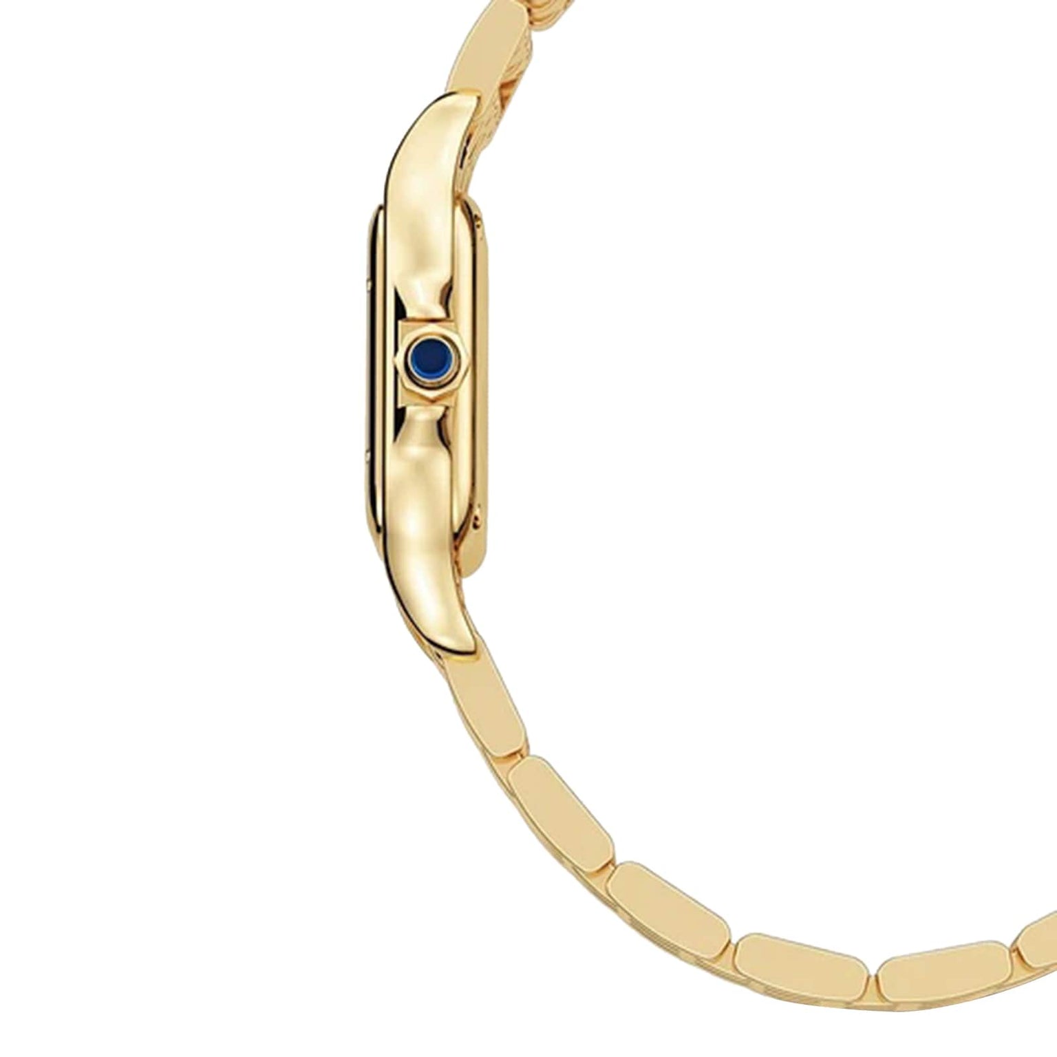 Side view of the Panthère de Cartier Small Model watch by Cartier in yellow gold, featuring a linked bracelet and a blue sapphire set in the crown.