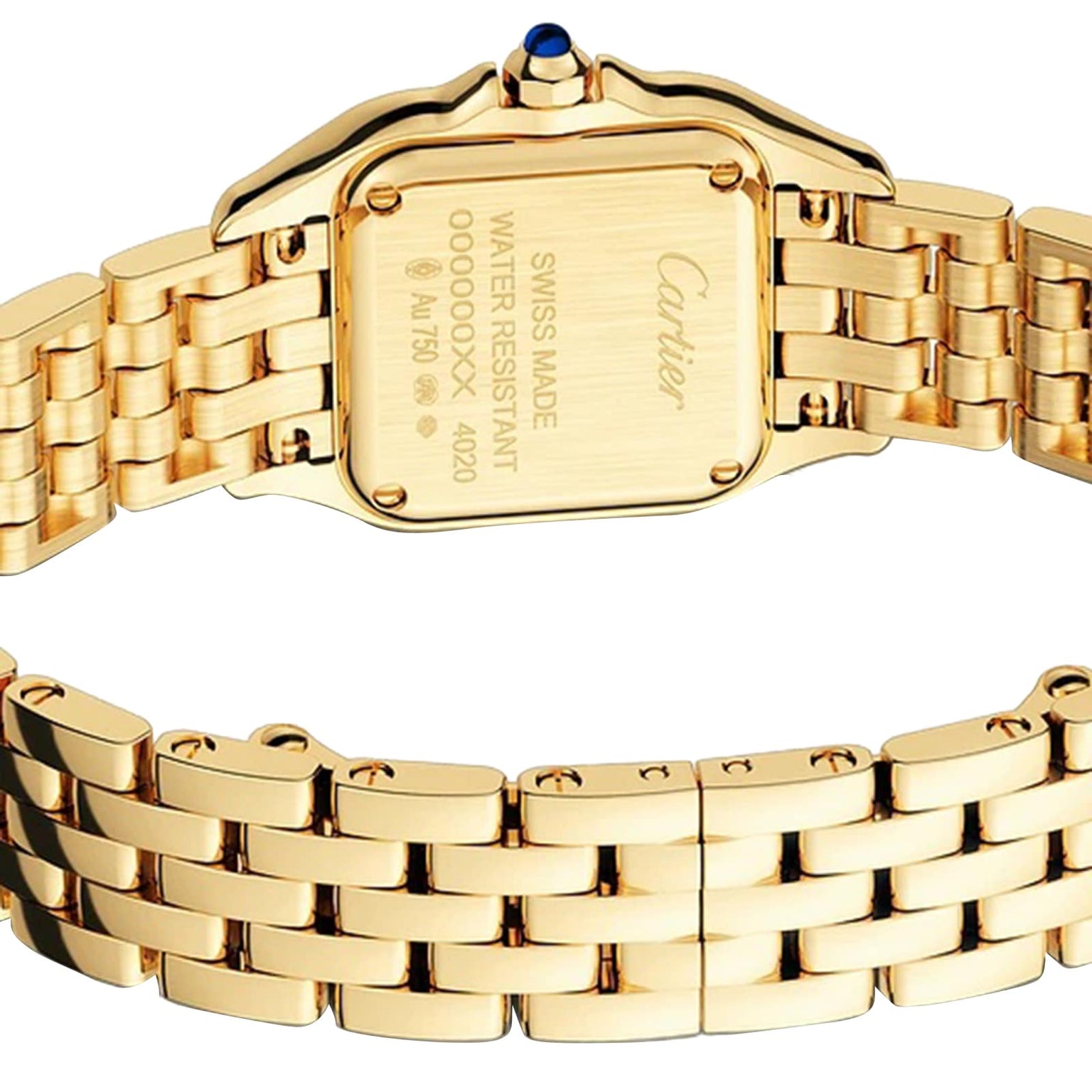 Back view of the Panthère de Cartier Small Model watch by Cartier in yellow gold, featuring a linked bracelet, engraved case back, and blue sapphire crown.