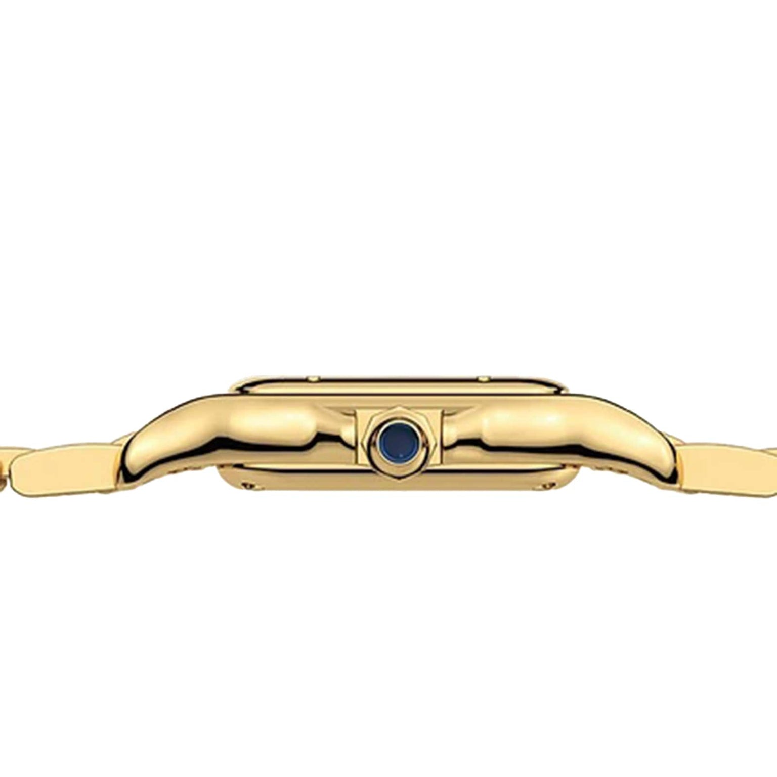 Side view of the Panthère de Cartier Small Model watch by Cartier in yellow gold, featuring a blue sapphire crown and showcasing its curved case and band against a white background.