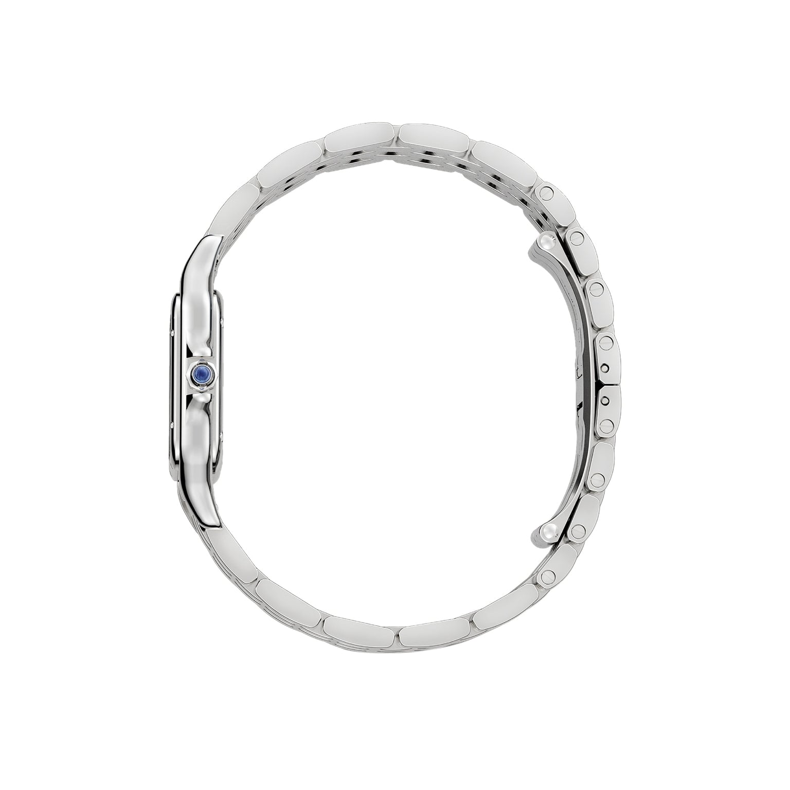 Side view of the Panthère de Cartier by Cartier, featuring a silver metal link band and a blue gem on the crown—an elegant choice for any style icon.