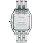 Back view of the Panthère de Cartier by Cartier, displaying engravings for stainless steel, Swiss made, water resistance, serial number, and Cartier branding on its metal case and bracelet—a true icon of style.